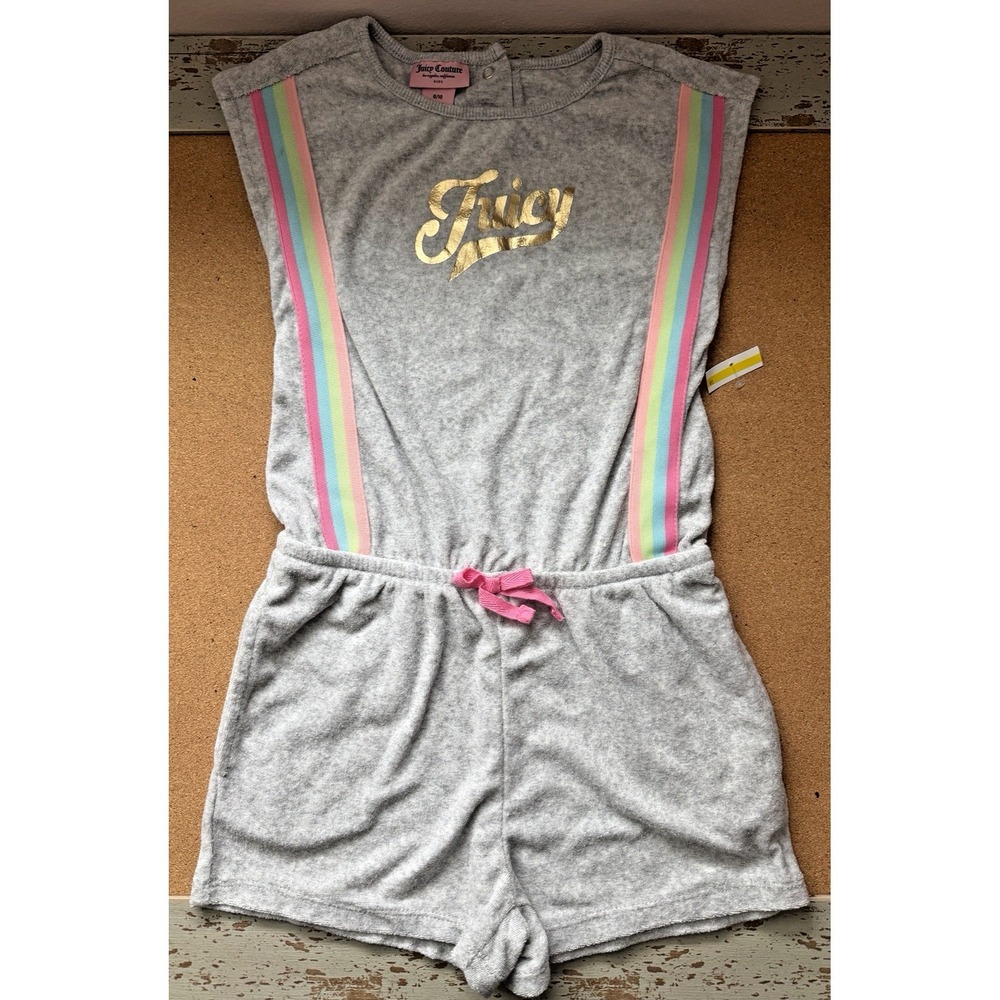 uicy Couture Kids Gray‎ Terry Cloth Romper Rainbow Stripe Gold Size 8/10 NWT